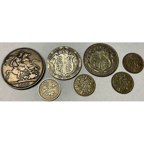 425A - A Victorian silver crown coin , 1899; other silver coins, total silver weight 61g; two Elizabeth II ... 