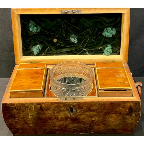 24 - A George III yew tea caddy, hinged cover enclosing a pair of canisters and a bowl, 32cm wide, c.1810