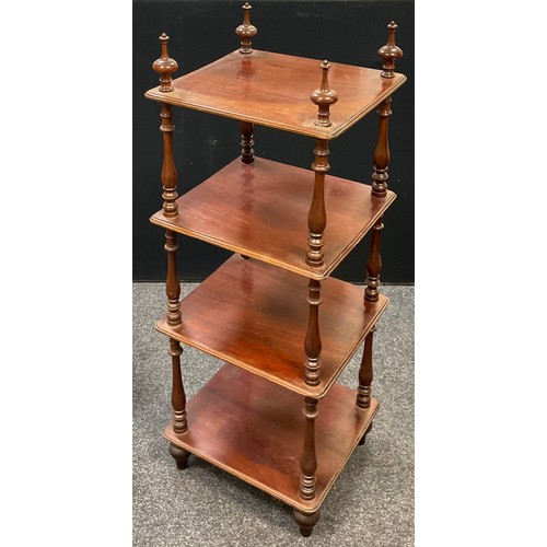 256 - A Victorian mahogany four tier What-not, turned finials and supports, rounded rectangular shelves, 1... 