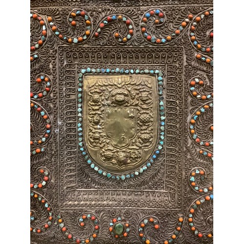 149 - Asian Art - a Persian brass and filligree rectangular panel, applied with turquoise and orange beads... 