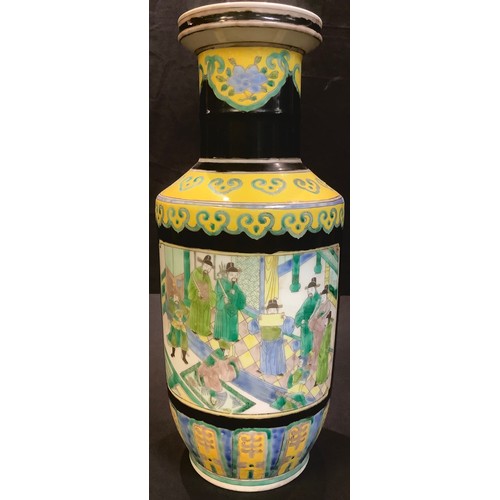 153 - A Chinese export ware reproduction vase, printed and painted with two panels depicting courtroom sce... 