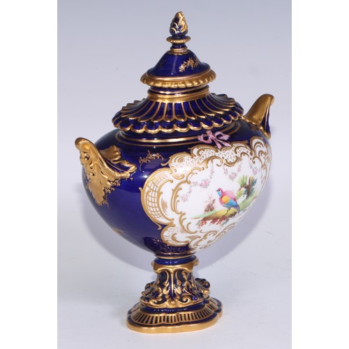 625A - A Royal Crown Derby two handled pedestal ovoid vase and cover, painted by Charles Harris, signed wit... 