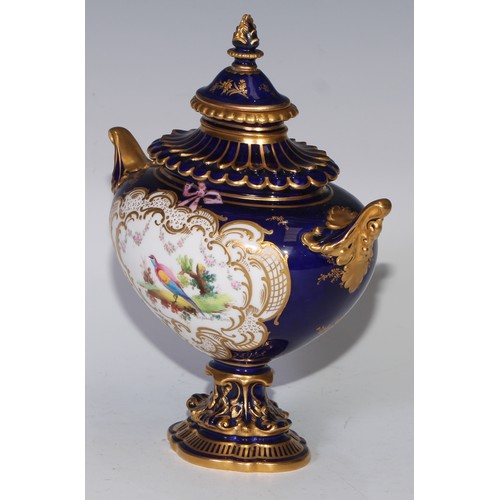 625A - A Royal Crown Derby two handled pedestal ovoid vase and cover, painted by Charles Harris, signed wit... 