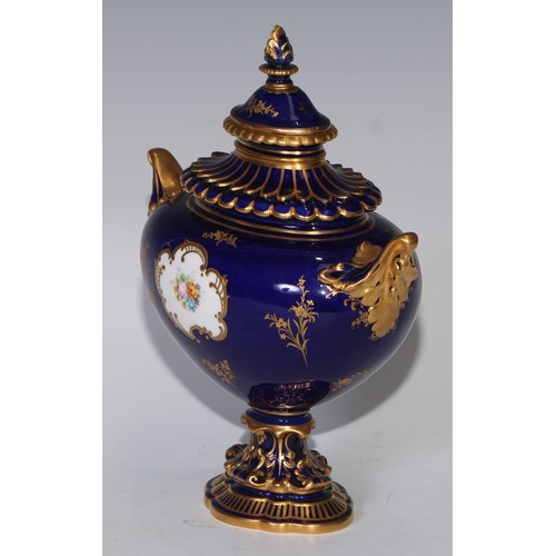 625A - A Royal Crown Derby two handled pedestal ovoid vase and cover, painted by Charles Harris, signed wit... 