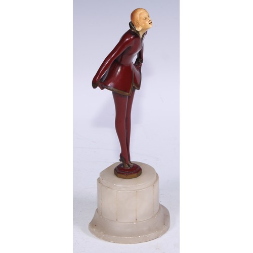 407A - An Art Deco style spelter figure, dancing girl, white onyx plinth base, 23.5cm high