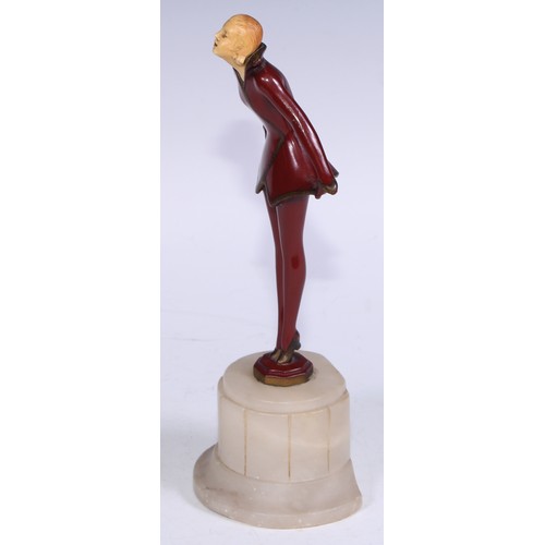 407A - An Art Deco style spelter figure, dancing girl, white onyx plinth base, 23.5cm high