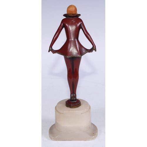 407A - An Art Deco style spelter figure, dancing girl, white onyx plinth base, 23.5cm high