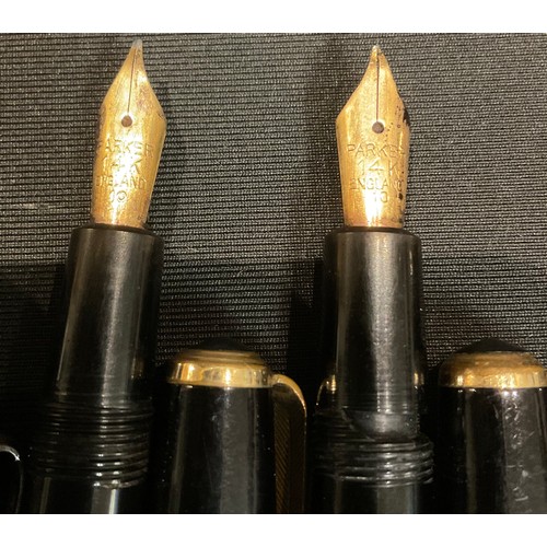 238 - Pens - a Mentmore marbled fountain pen, 14ct gold nib; others, 14ct gold nibs (5)