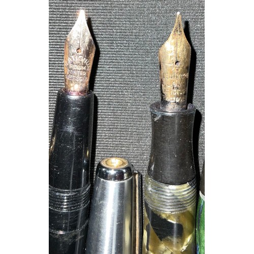 238 - Pens - a Mentmore marbled fountain pen, 14ct gold nib; others, 14ct gold nibs (5)