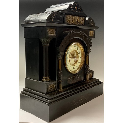 269 - A large architectural belge noir marble clock, bronzed classical frieze, 46.5cm high