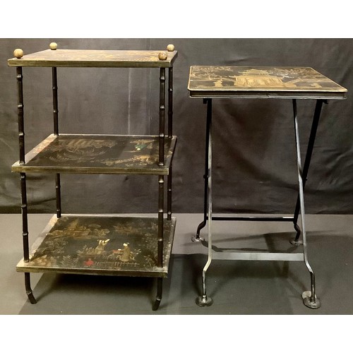 283 - An Oriental three tier side table, brass bamboo legs, decorated with chinoserie figures, 68cm x 31cm... 