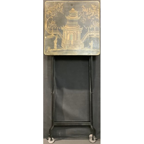 283 - An Oriental three tier side table, brass bamboo legs, decorated with chinoserie figures, 68cm x 31cm... 