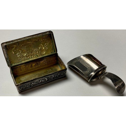 355 - A 19th century Continental silver snuff box, the hinged cover in relief with putto and flower basket... 