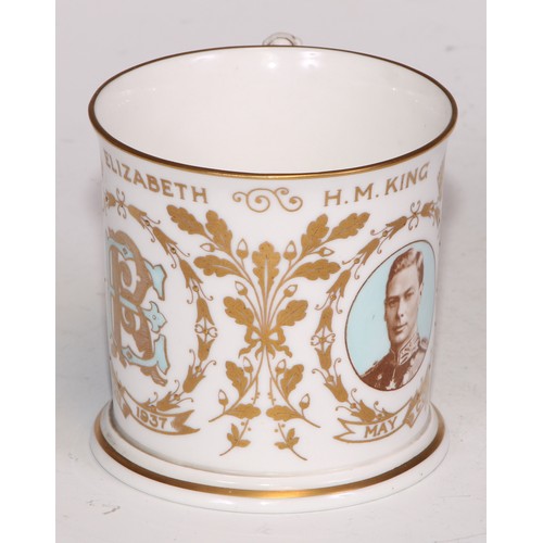 663A - A Royal Crown Derby commemorative mug, HM King George VI Coronation 1937; four Royal Crown Derby cof... 