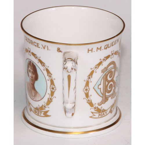 663A - A Royal Crown Derby commemorative mug, HM King George VI Coronation 1937; four Royal Crown Derby cof... 