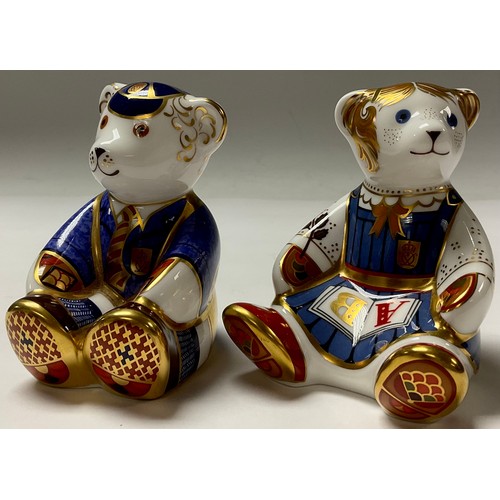 326 - A pair of Royal Crown Derby paperweights, Schoolboy Teddy and Schoolgirl Teddy, gold stopper, each b... 