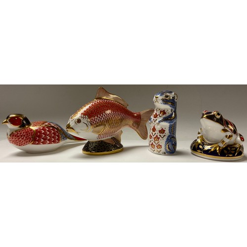 327 - A Royal Crown Derby paperweight, Carp, silver stopper, second; three others, Chipmunk, Frog, Pheasan... 