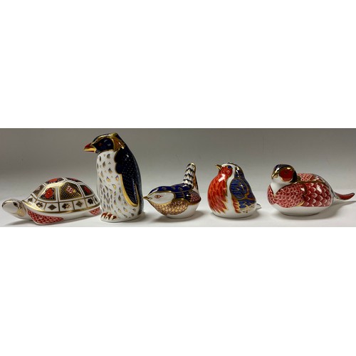 331 - A Royal Crown Derby paperweight, Rockhopper Penguin, silver stopper, second; three others, Robin, Wr... 