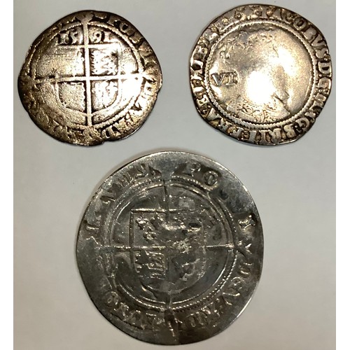 574 - Coins - An Elizabeth I sixpence, 1591, sixth issue; A James I sixpence, 1605, third bust; a James II... 