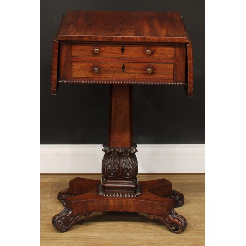 107 - A William IV mahogany work table, rounded rectangular top with fall leaves above two frieze drawers,... 