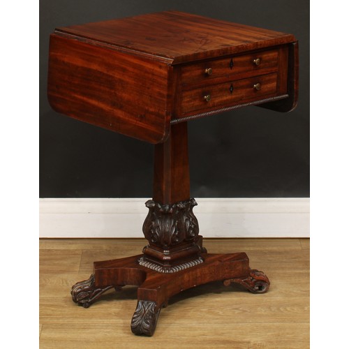 107 - A William IV mahogany work table, rounded rectangular top with fall leaves above two frieze drawers,... 