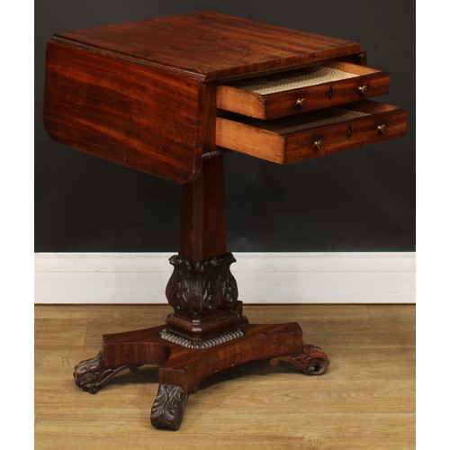 107 - A William IV mahogany work table, rounded rectangular top with fall leaves above two frieze drawers,... 