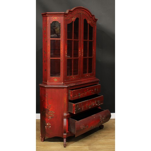 201 - A chinoiserie decorated library bookcase or display cabinet, in the 18th century Chinese export red ... 