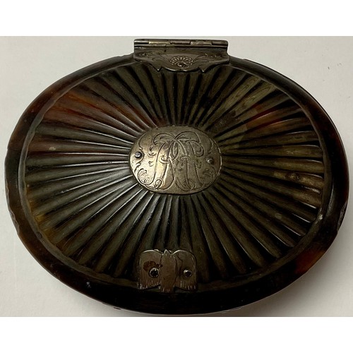 398A - A Queen Anne oval tortoiseshell snuff box, the domed cover and base press moulded with radiating sto... 