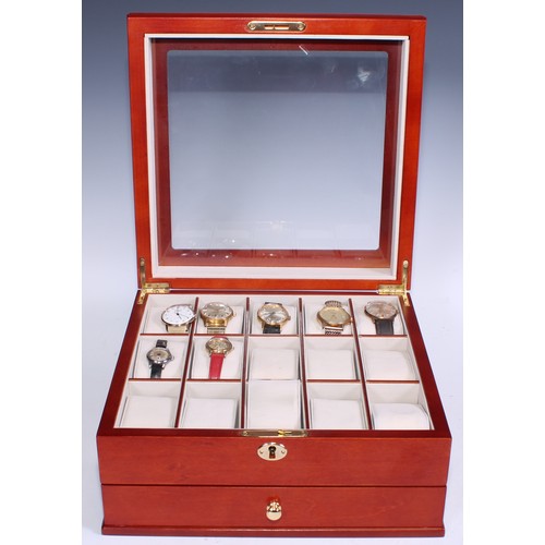 102 - Watches - Rotary, Sekonda, etc, all in a watch display box, fifteen cushion top above four section b... 