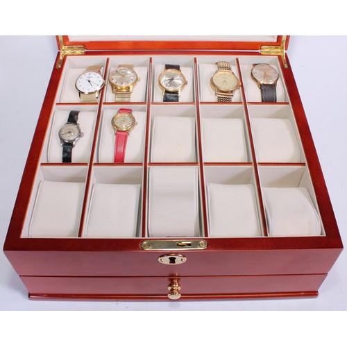 102 - Watches - Rotary, Sekonda, etc, all in a watch display box, fifteen cushion top above four section b... 