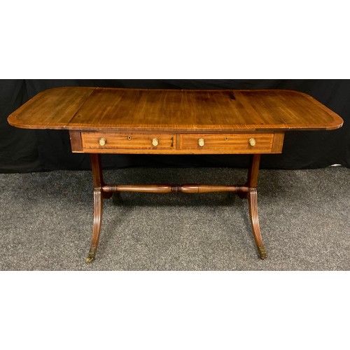 16 - A late 19th century regency style mahogany sofa table, rectangular top, with D-shaped drop ends, pai... 