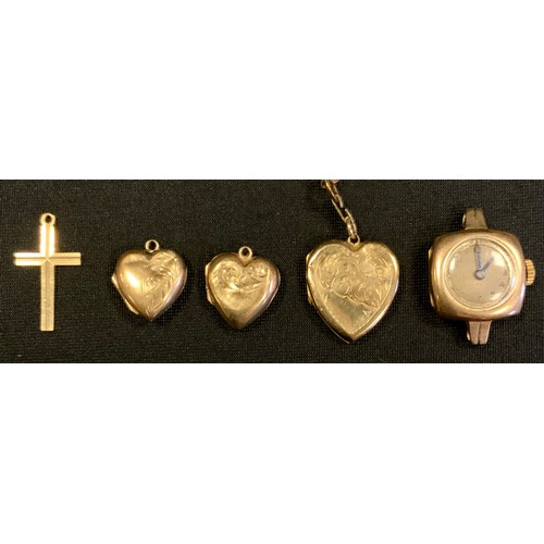 347 - Jewellery & Watches - a 9ct gold watch head, 9ct gold heart locket;  9ct gold cross, 7.9g gross;  9c... 