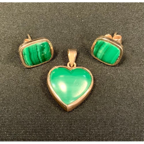 352 - A pair of south African malachite and gold coloured metal rectangular panel earrings;  similar heart... 