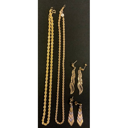 354 - A 9ct gold rope twist necklace;  pair of 9ct multitone gold earrings,  etc, 17.9g gross