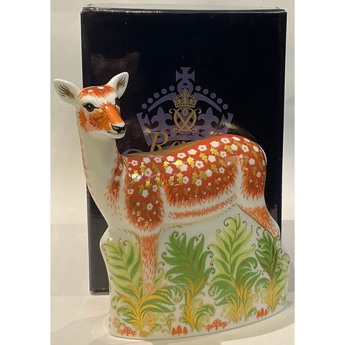 3 - A Royal Crown Derby paperweight, Fallow Deer, gold stopper, printed mark, boxed