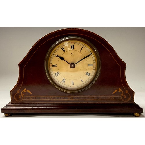 27 - An Edwardian mahogany inlaid mantel clock, 25cm wide