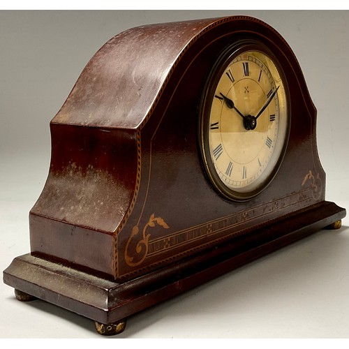 27 - An Edwardian mahogany inlaid mantel clock, 25cm wide