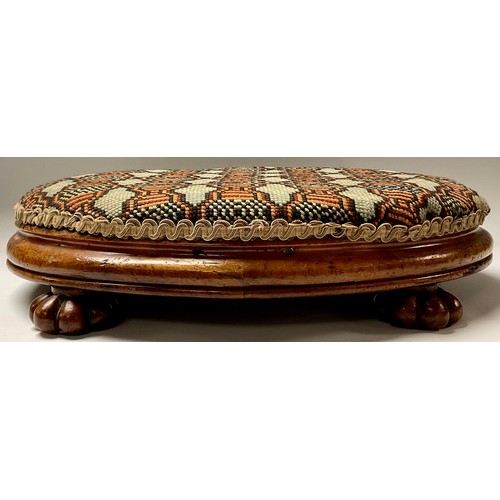 30 - A Victorian walnut and needlework oval stool, 40cm wide