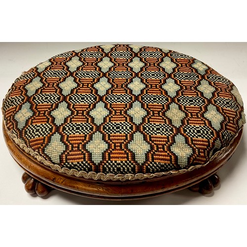 30 - A Victorian walnut and needlework oval stool, 40cm wide