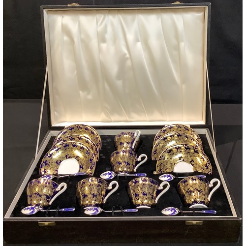 35 - A mid 20th century Aynsley gilded tea service for six with enamelled silver teaspoons en suite, case... 