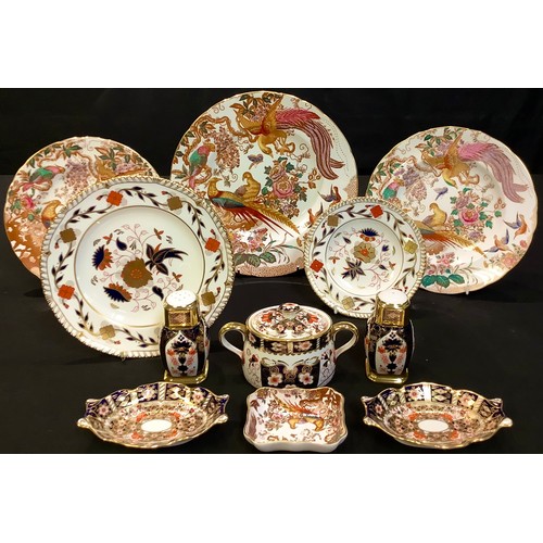 45 - A Royal Crown Derby 2451 pattern sucrier and cover, second quality; a pair of 1128 pattern salt and ... 