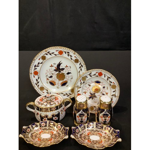 45 - A Royal Crown Derby 2451 pattern sucrier and cover, second quality; a pair of 1128 pattern salt and ... 