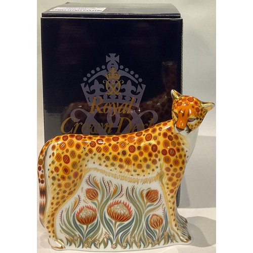 46 - A Royal Crown Derby paperweight, Cheetah, gold stopper, printed mark, boxed