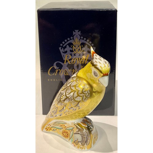 50 - A Royal Crown Derby paperweight, Citron Cockatoo, gold stopper, printed mark, boxed