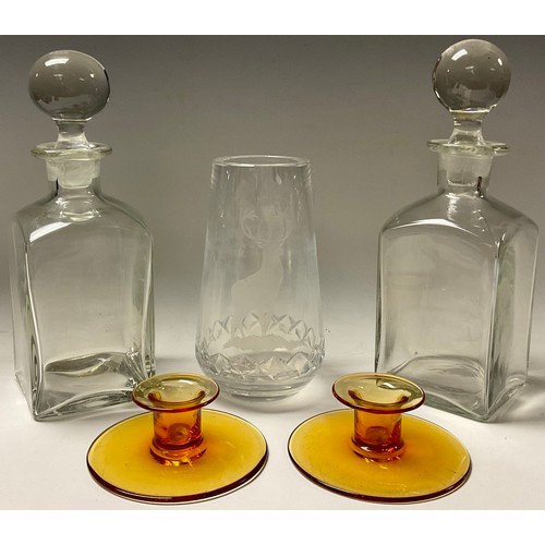 53 - Glassware - a pair of spirit decanters; a pair of Stuart amber glass Art Deco style candlesticks; an... 