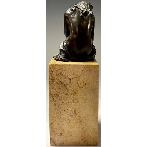 74 - A bronze sculpture, of a seated girl, signed Milo, rectangular marble base, 27cm high