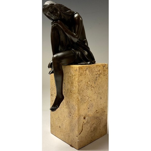 74 - A bronze sculpture, of a seated girl, signed Milo, rectangular marble base, 27cm high