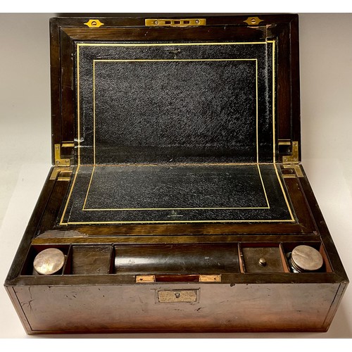 80 - A late 19th/early 20th century burr walnut folding writing slope, brass inlaid, the central rectangu... 