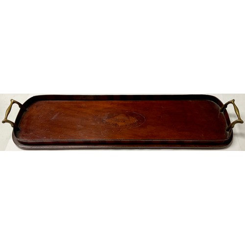 81 - A Georgian mahogany rectangular tea caddy; a mahogany elongated serving tray, inlaid with shell pate... 