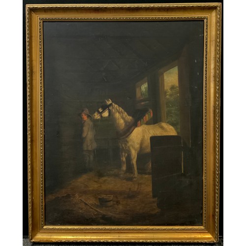 91 - In the Manner of George Morland 
Grey Horse and Hand in a Stable
oil on canvas, 90cm x 70cm